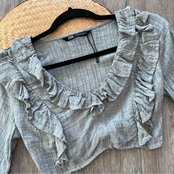 Zara gray‎ ruffled cropped peasant blouse Victorian - Picture 3 of 8